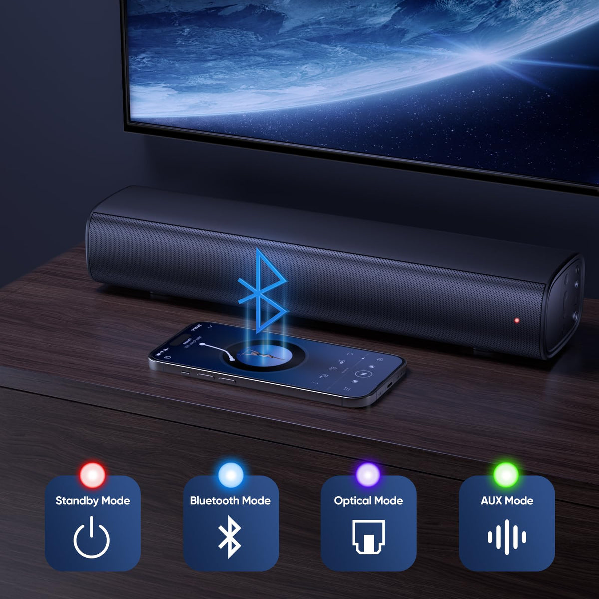 Saiyin soundbar with Bluetooth 5.3 for easy wireless pairing and placement
