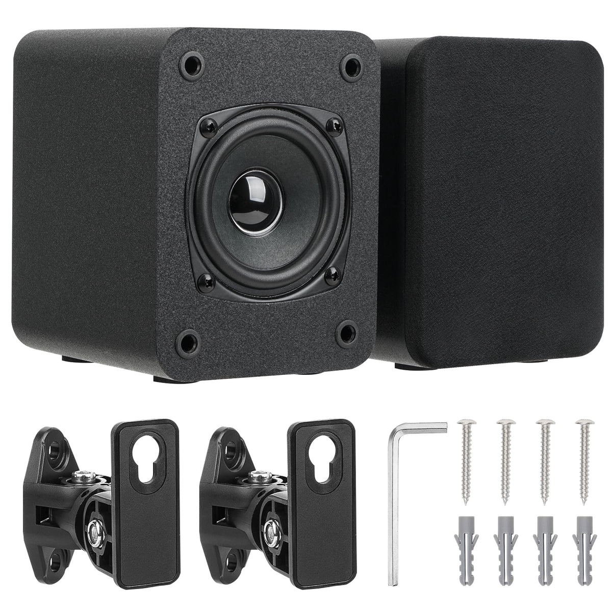 Saiyin front view of passive surround speakers showing grill and compact design benefit clarity