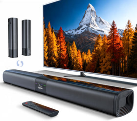 Saiyin front view soundbar showing slim profile and clear speakers benefit improved TV audio