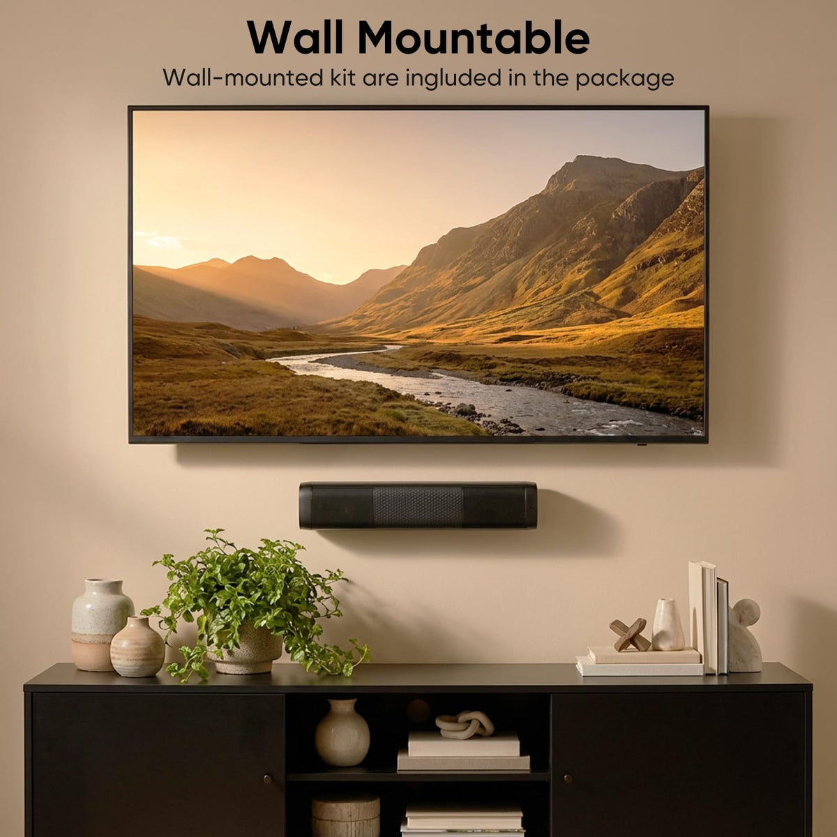 Saiyin sound bar wall mounted under TV in living room for cleaner setup