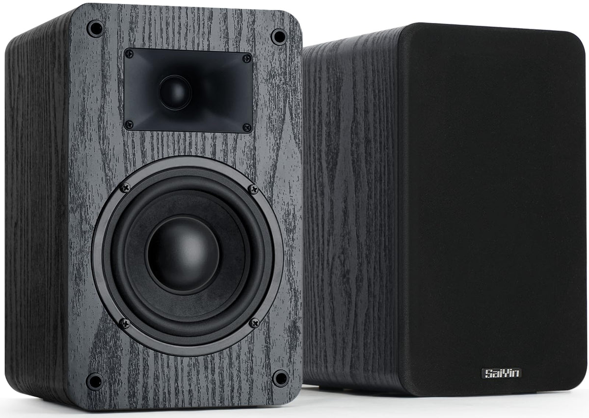 Saiyin passive speakers front view showing compact design for small rooms and clean shelf integration