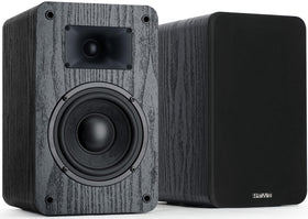 Saiyin passive speakers front view showing compact design for small rooms and clean shelf integration
