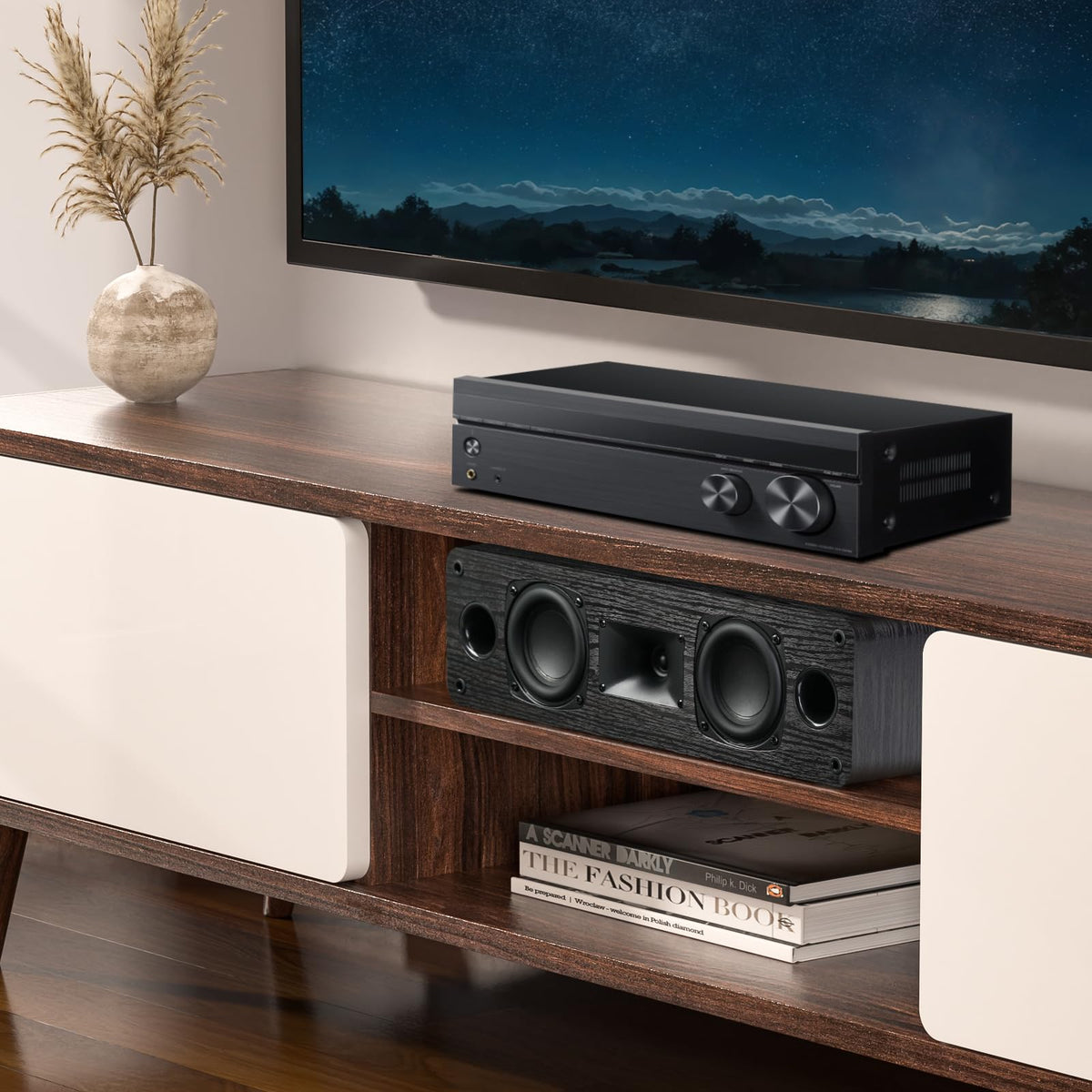 Saiyin speaker beside ruler showing 17-inch scale for room fit