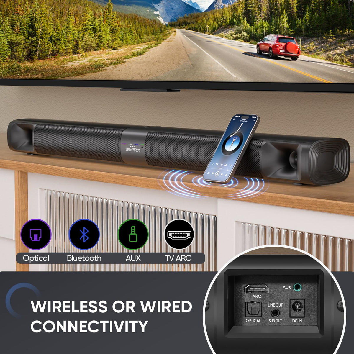 Saiyin soundbar bluetooth-5-3 streaming to phones and tablets.