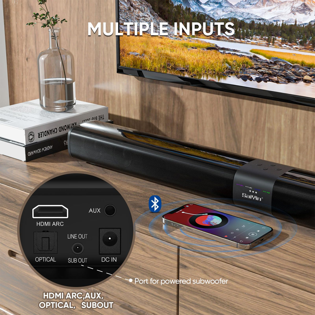 Saiyin 24-inch detachable soundbar designed for easy RV travel and packing.