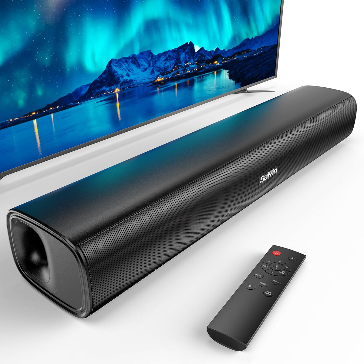 Saiyin sound bar front view showing sleek grille and balanced soundstage benefit