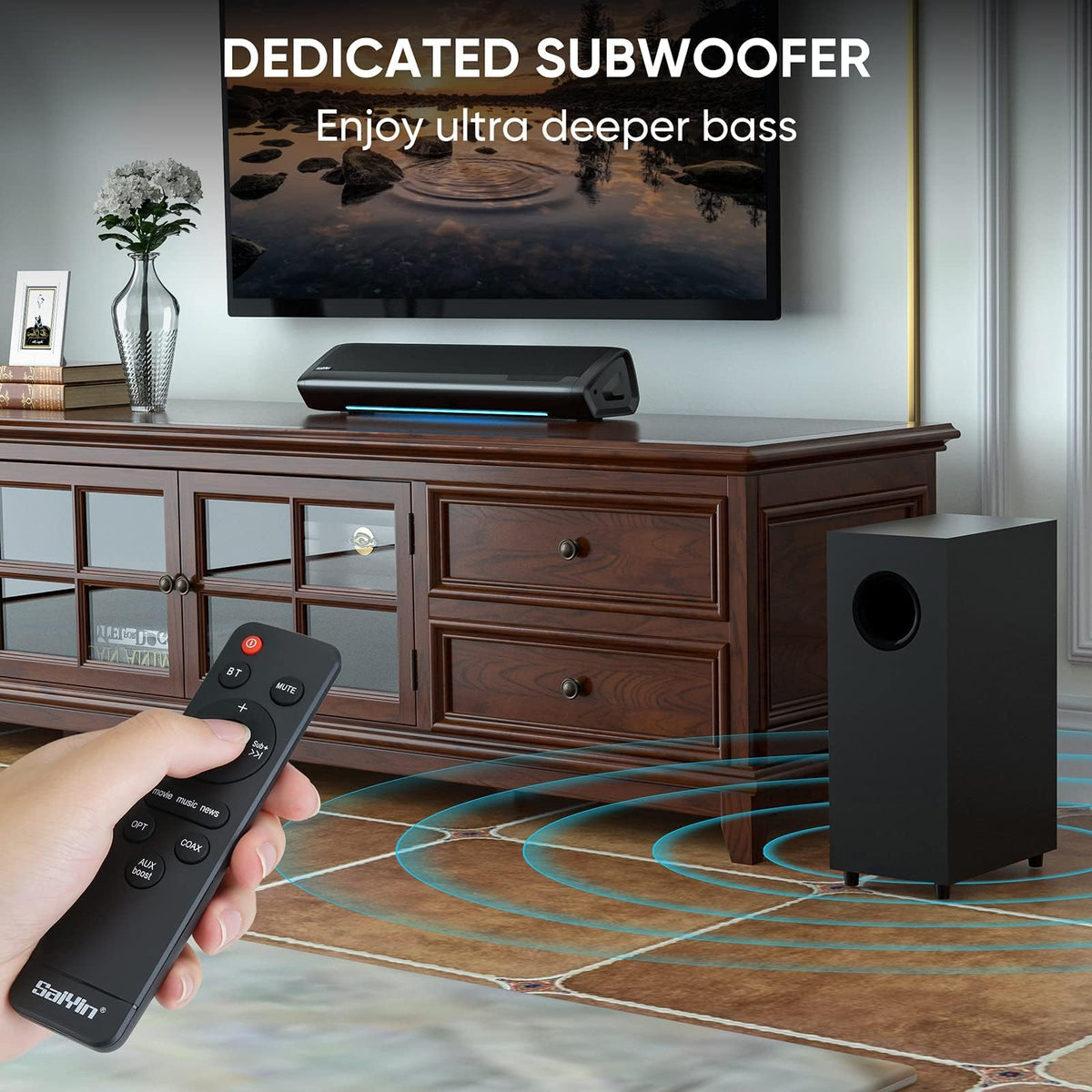 Saiyin soundbar LED indicators show connection mode for easy setup.