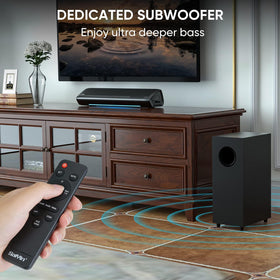 Saiyin soundbar LED indicators show connection mode for easy setup.