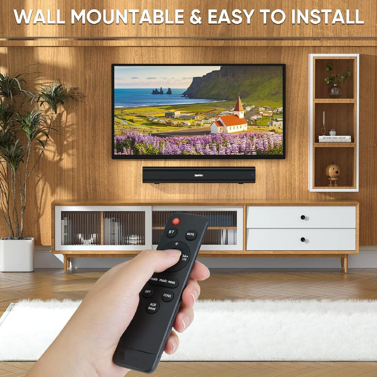 Saiyin soundbar in living room setting improving TV audio and immersive viewing