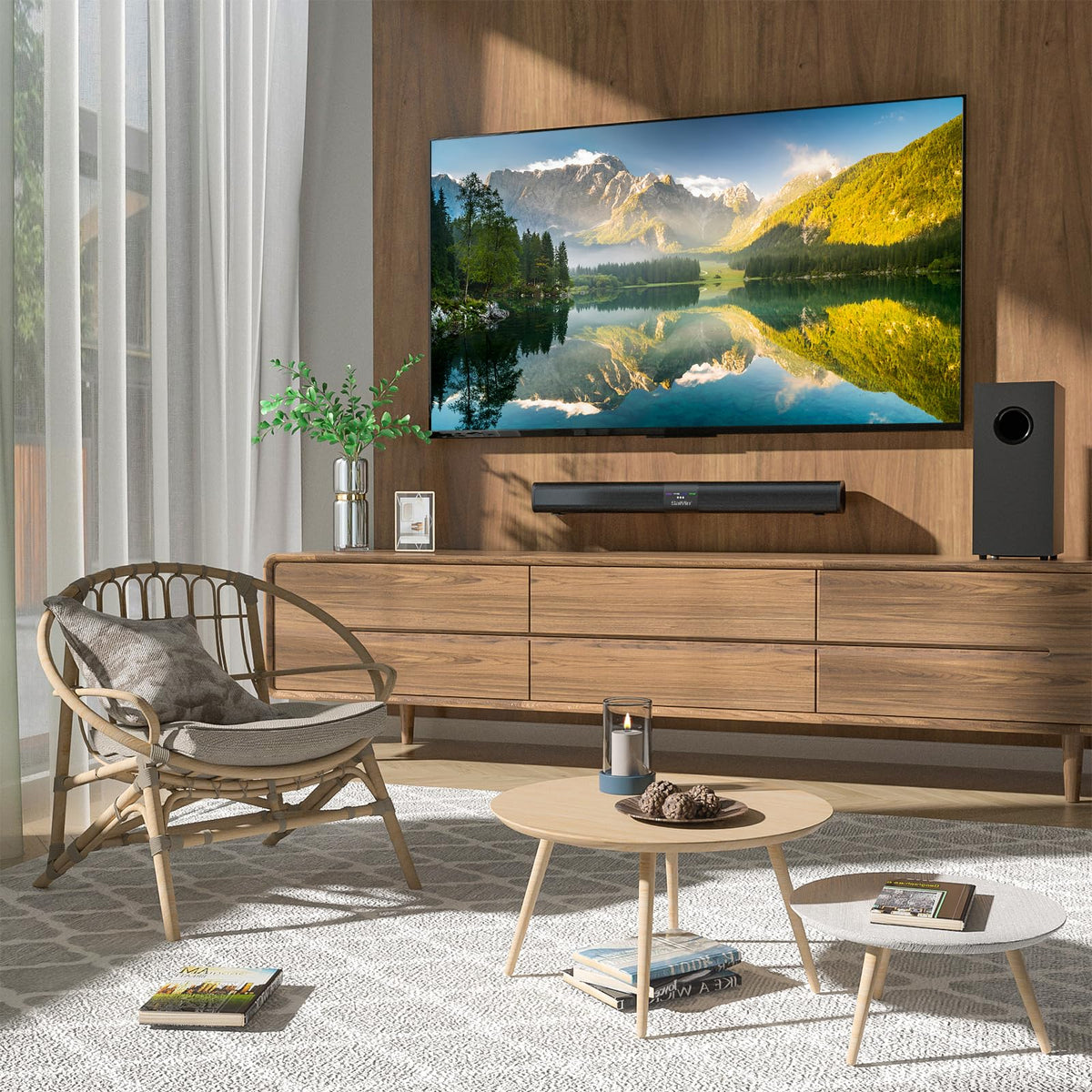 Saiyin sound bar includes remote, optical and 3.5 mm cables, and mounting kit.