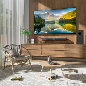 Saiyin sound bar includes remote, optical and 3.5 mm cables, and mounting kit.