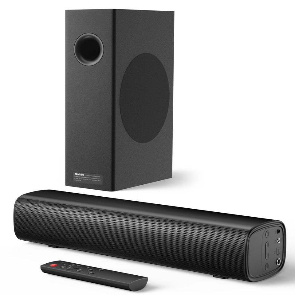 Saiyin soundbar placed under TV for a compact home theater setup