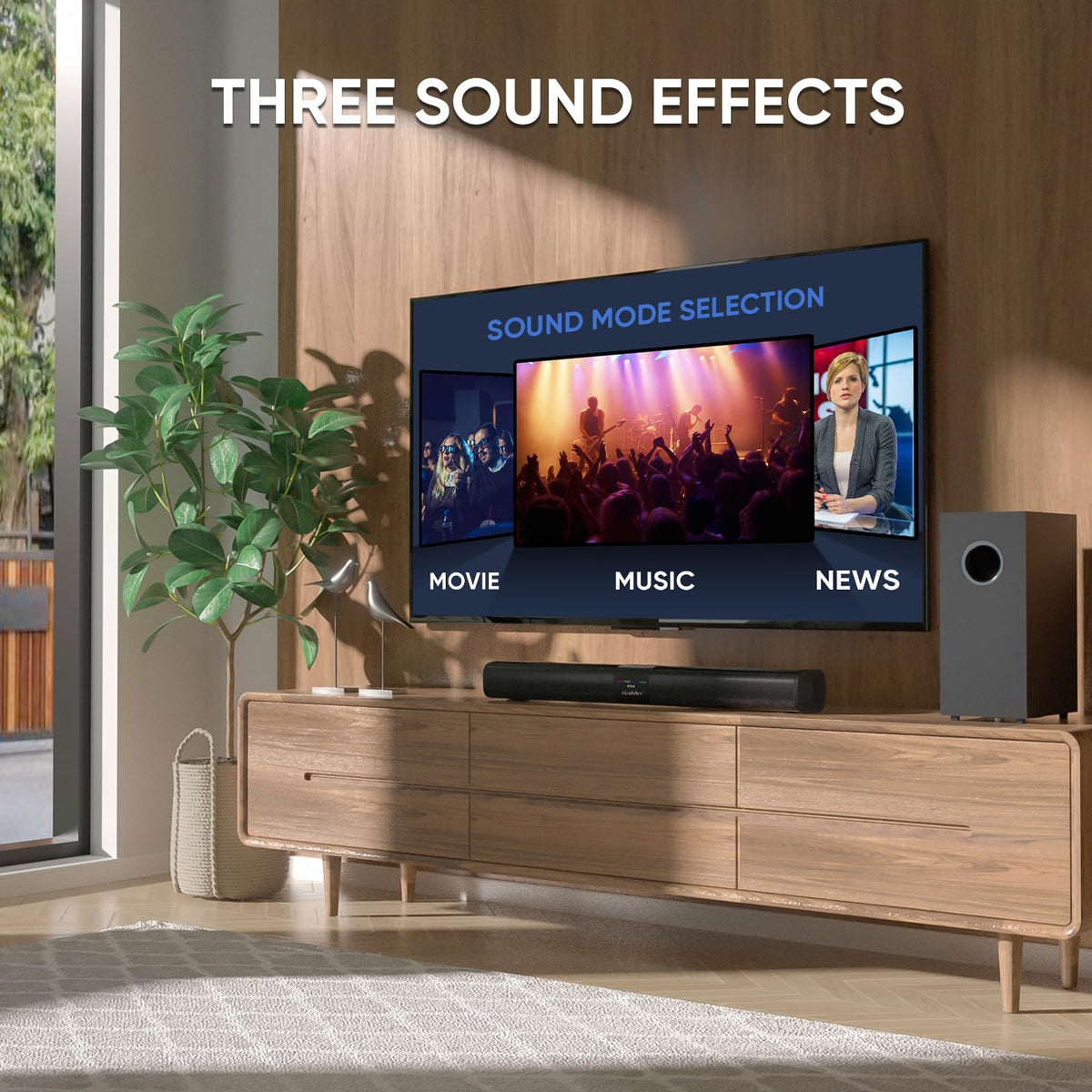 Saiyin soundbar offers three modes for movies, music, and news listening.