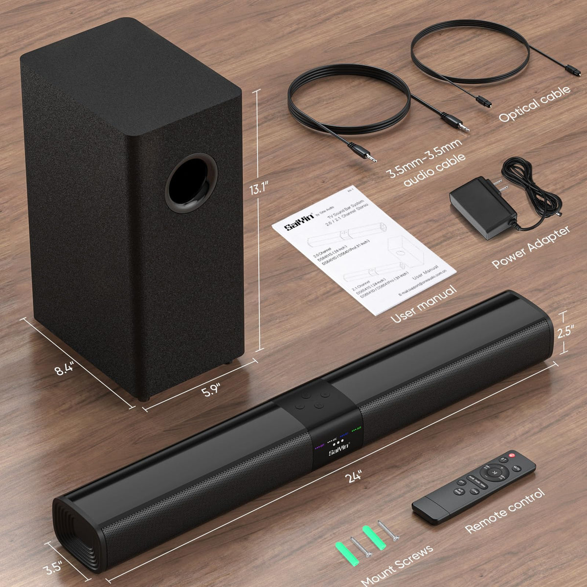 Saiyin sound bar ready for wall mounting in a neat home theater setup.