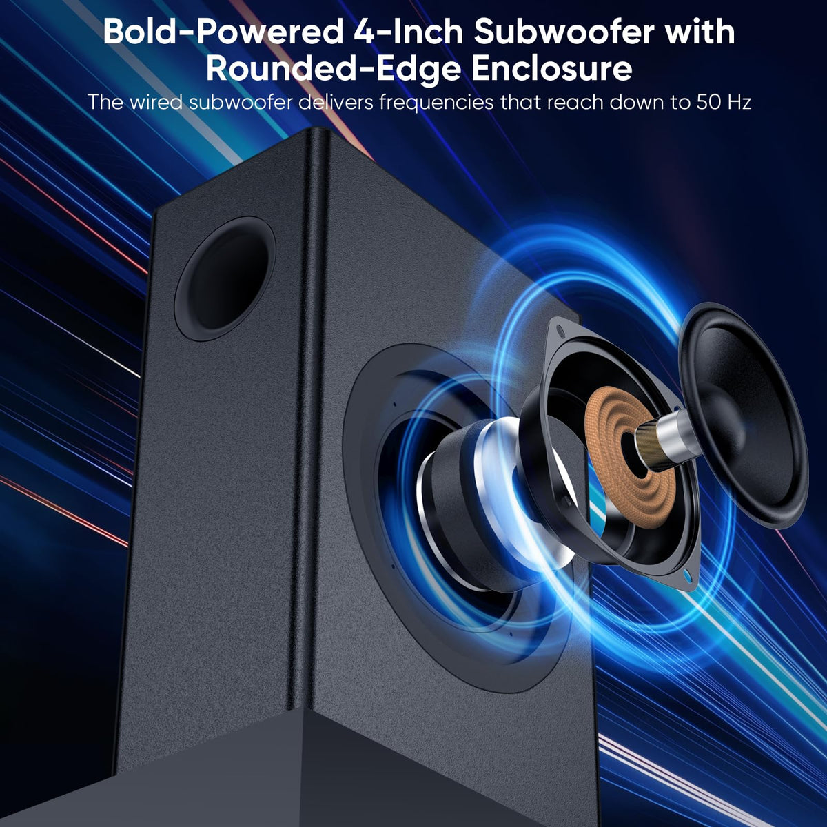 Saiyin 4-inch rounded-edge subwoofer delivering deep bass for immersive listening