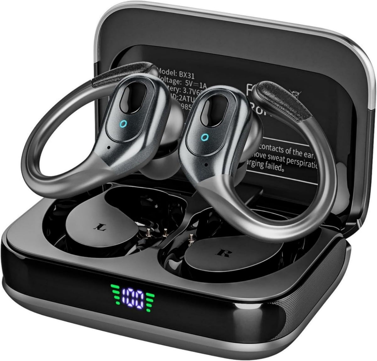 Sajawass earbuds with LED display showing battery status for easy charging.