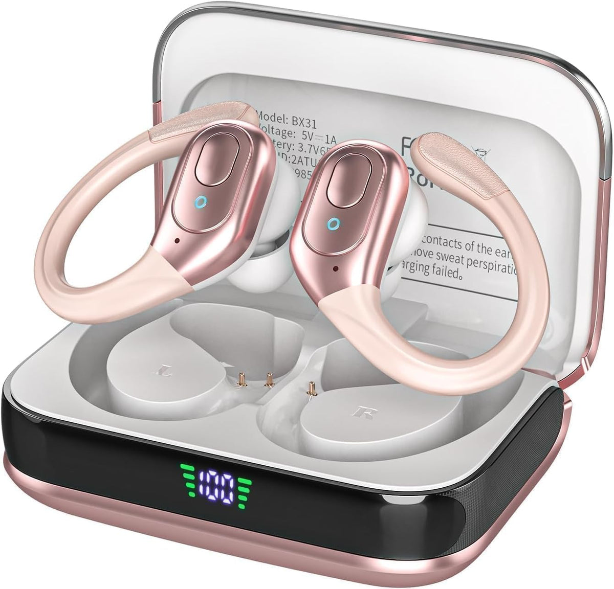 Sajawass Rose Gold Earbuds with LED display for quick battery checks during workouts.