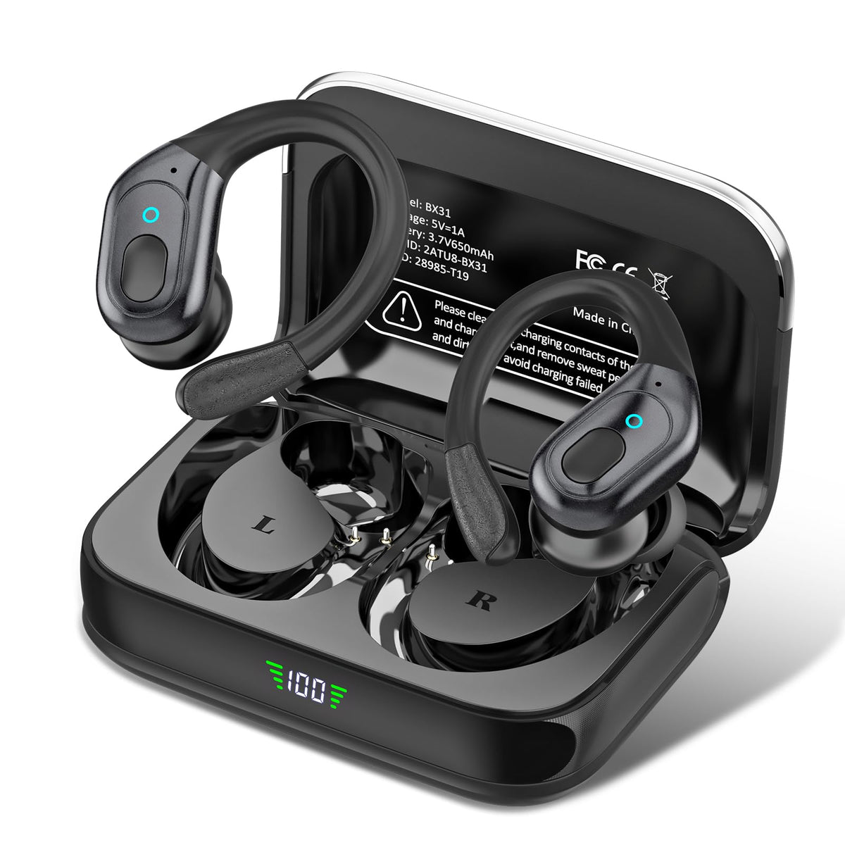 Sajawass wireless earbuds with LED display showing battery level for easy charging