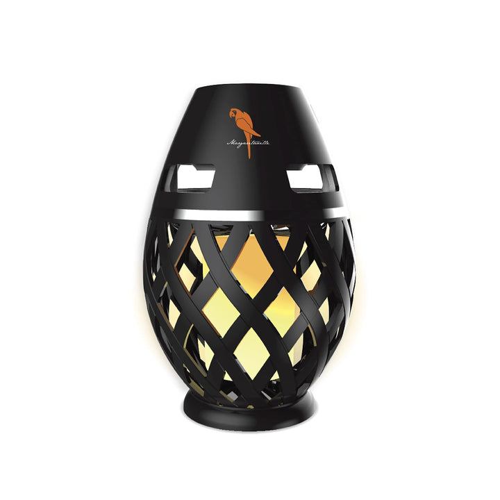 Sakar Margaritaville front view of tiki torch speaker showing decorative design and mood lighting benefit
