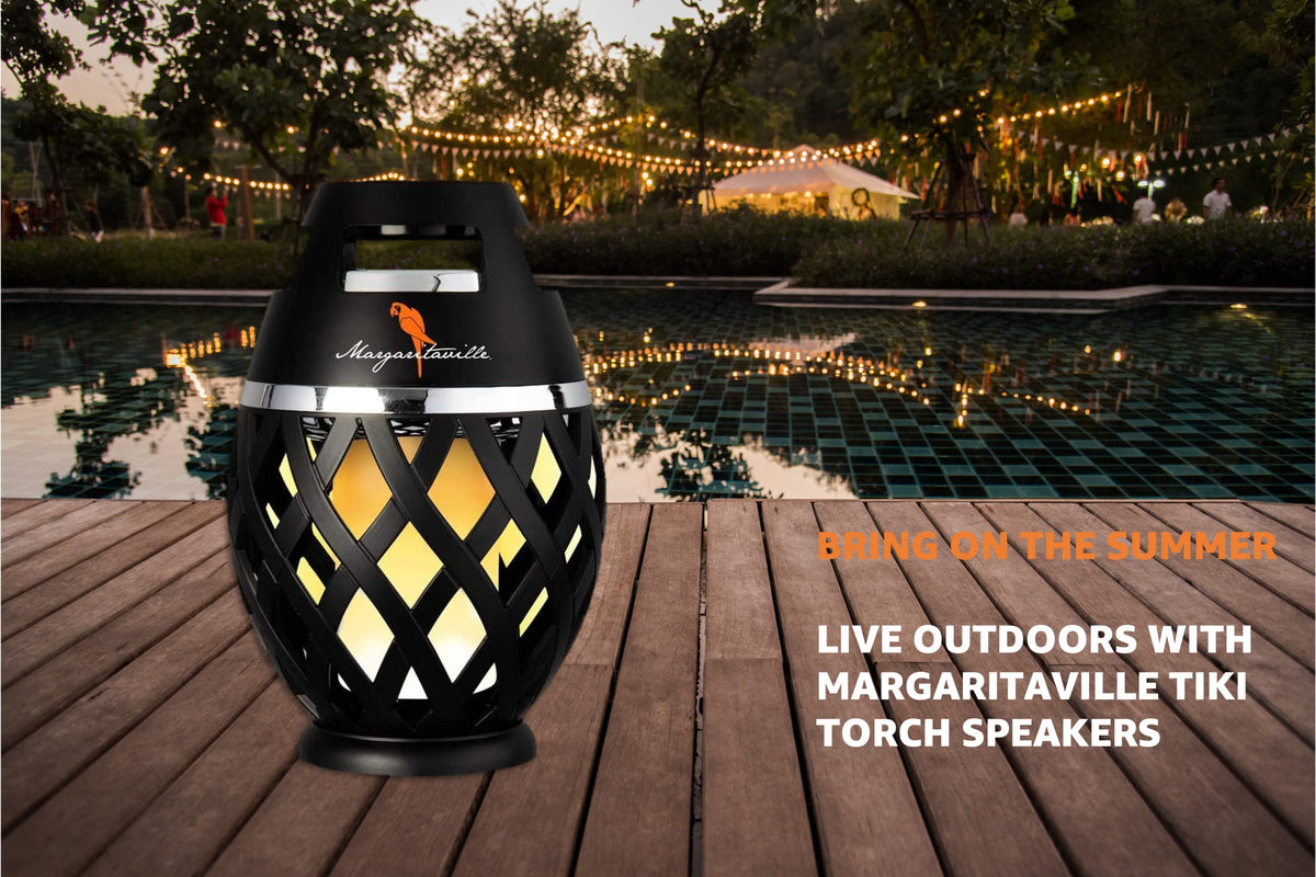 Sakar Margaritaville poolside lifestyle scene showing waterproof design and safe music benefit