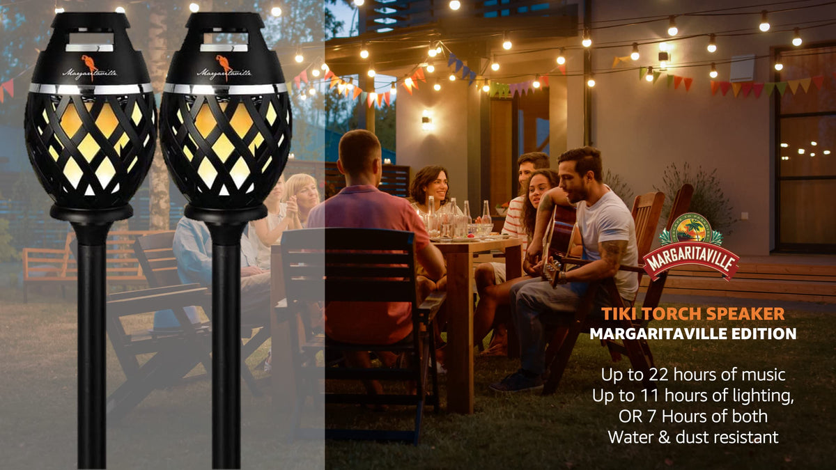 Sakar Margaritaville tiki torch LED flame effect providing cozy outdoor ambiance.