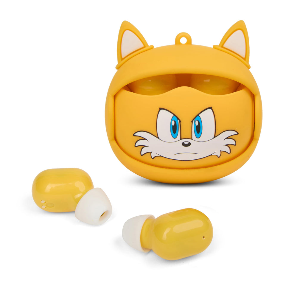 Sakar Sonic wireless earbuds with yellow case closed; portable charging