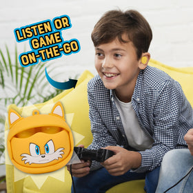 Close-up of Sakar Sonic yellow earbuds design and controls