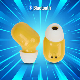 Sakar Sonic yellow earbuds beside phone and laptop; versatile use