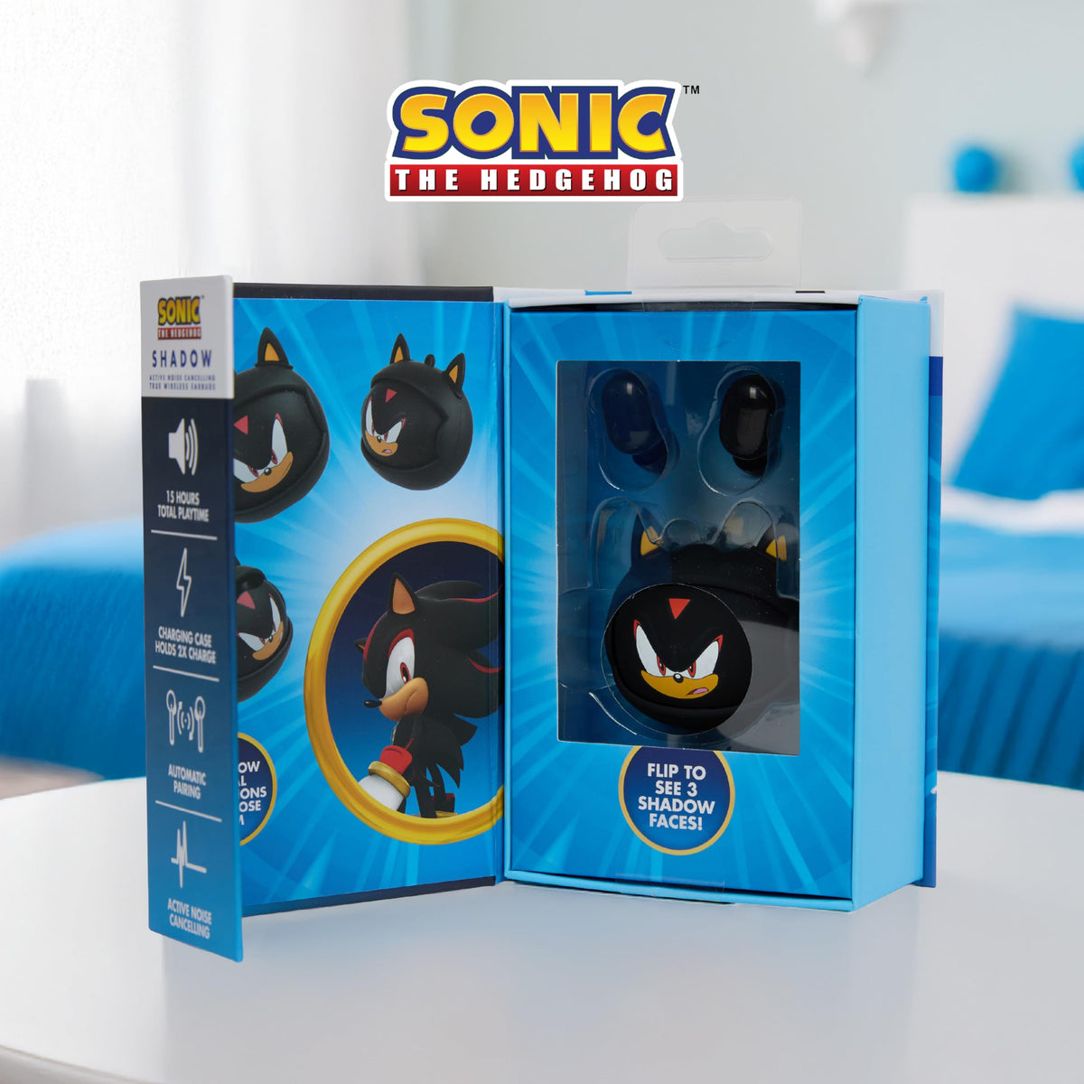 Sakar Sonic charging case on table, portable power for all day.