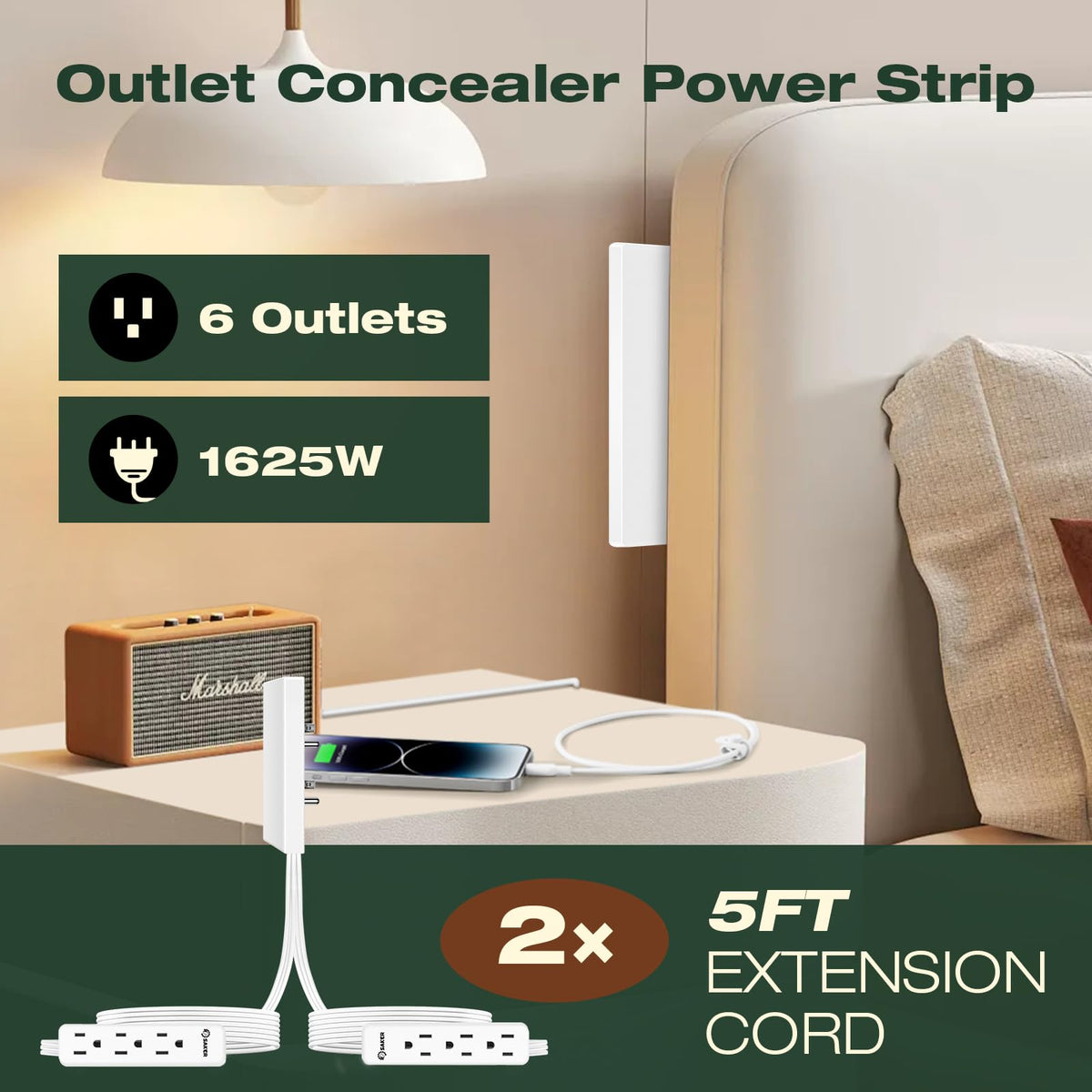 Saker 6-outlet top layout demonstrating organized power access benefit