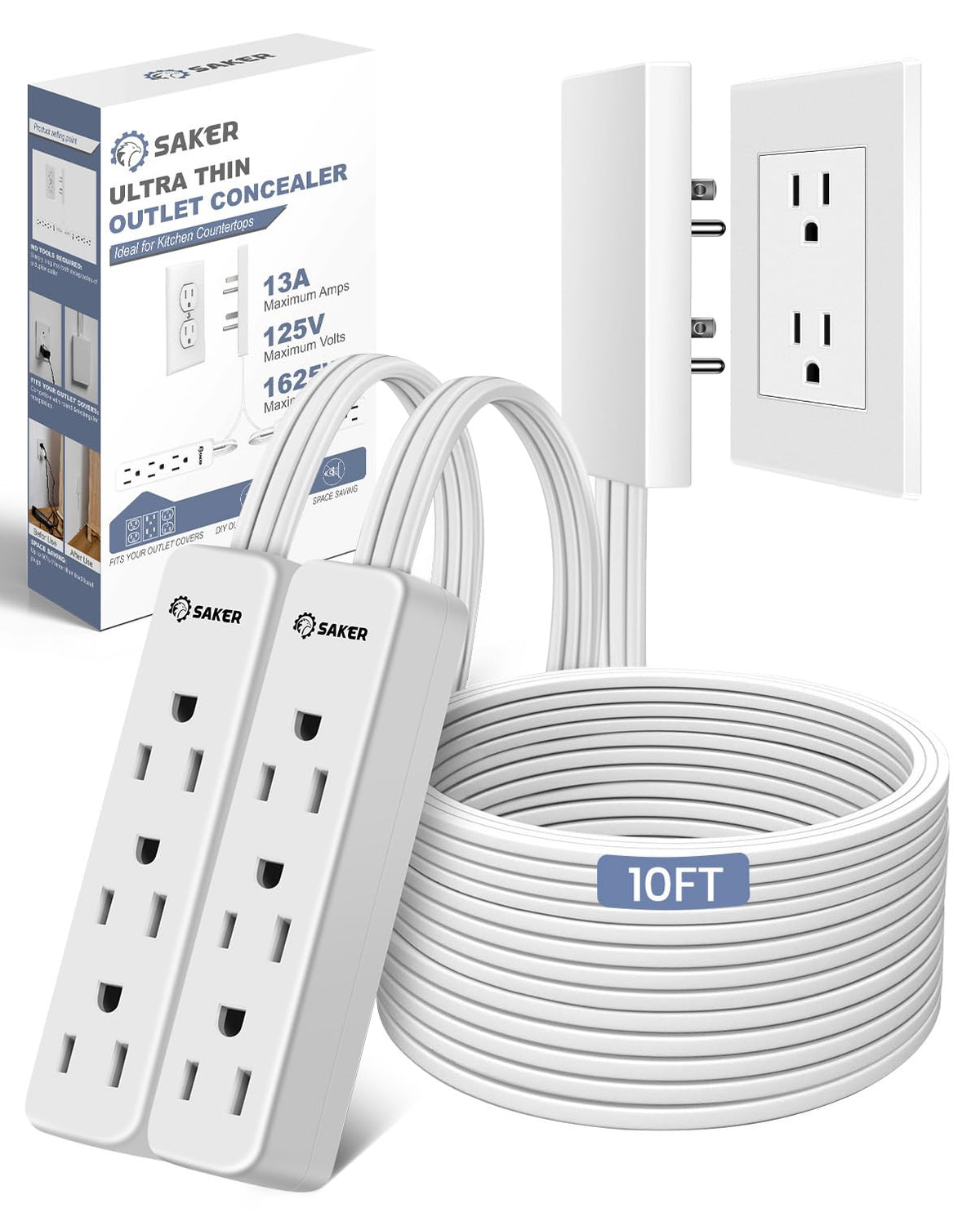 Saker front view of flat extension cord showing low-profile plug and three outlets for tidy space