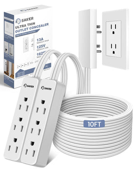 Saker front view of flat extension cord showing low-profile plug and three outlets for tidy space