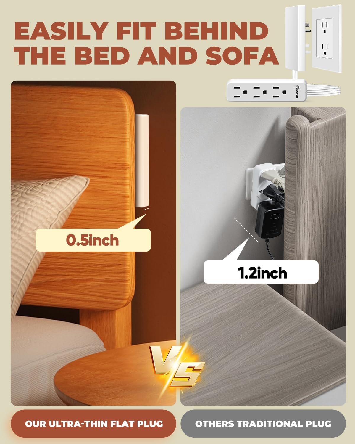 Saker flat plug close-up demonstrating wall-hugging design and space-saving benefit