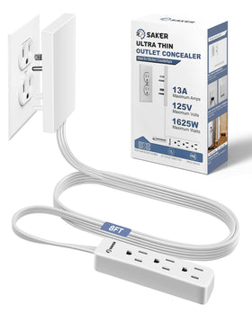 Saker front-facing outlet concealer showing slim housing and three outlets for neat setup