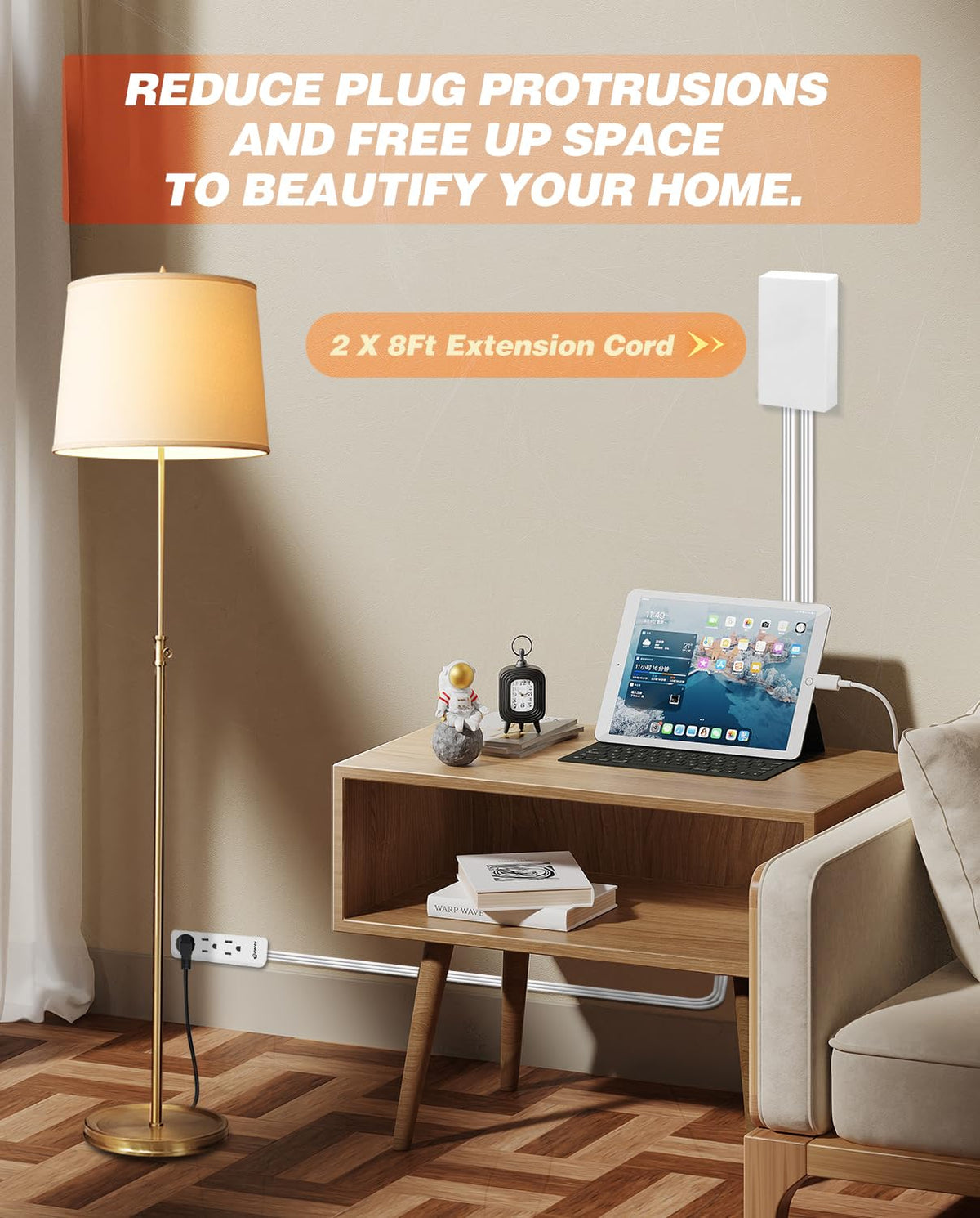 Saker lifestyle kitchen setup showing concealed cord and child-safe outlet protection