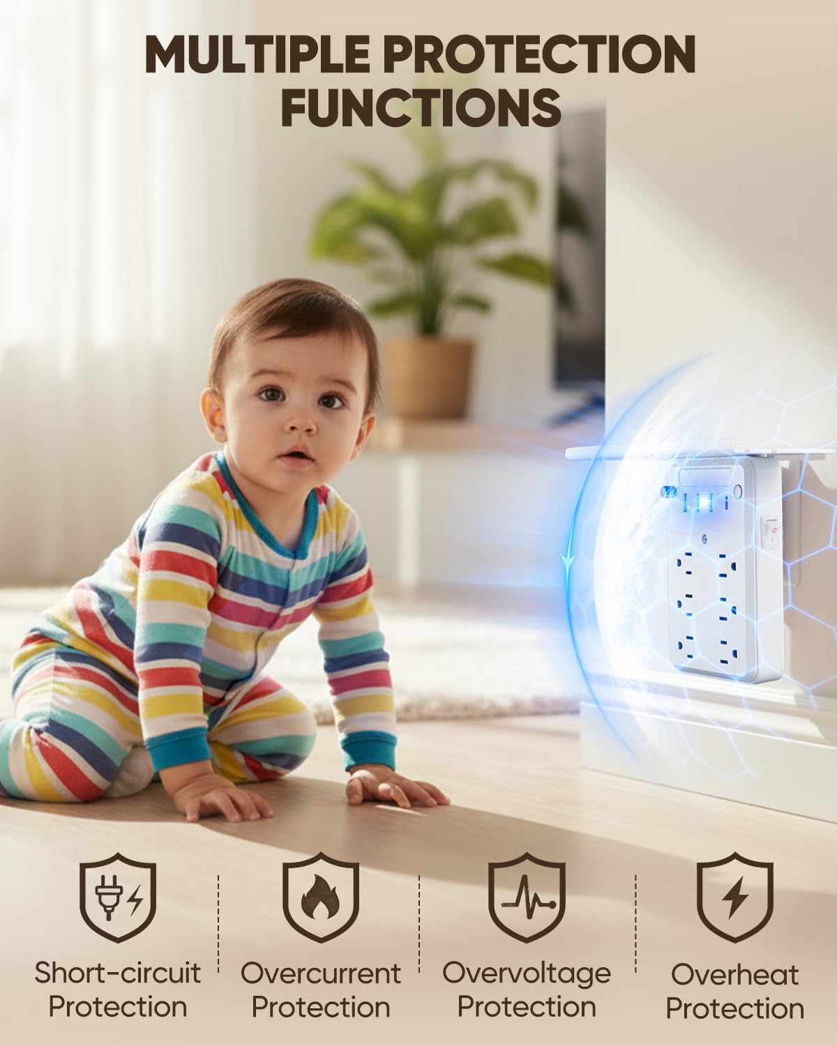 Saker safety labels and ports highlighting surge protection and child safety