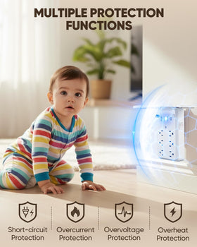 Saker safety labels and ports highlighting surge protection and child safety
