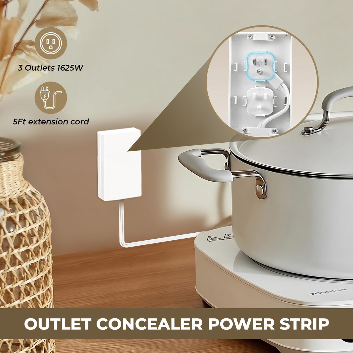 SakerPlus 3-socket power strip in a compact hidden cover setup.