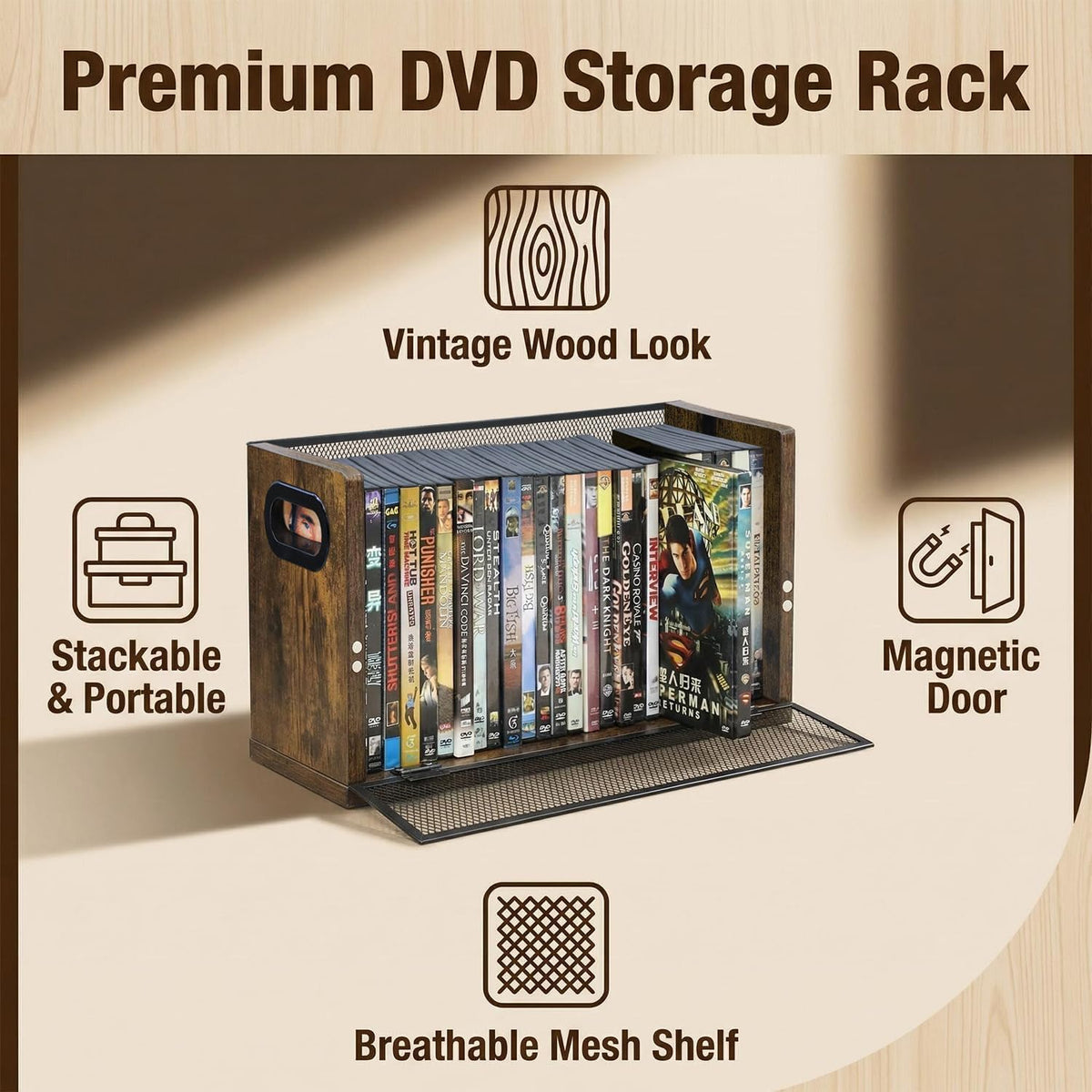 Salajory DVD/Blu-ray storage rack side view highlighting space-saving profile.