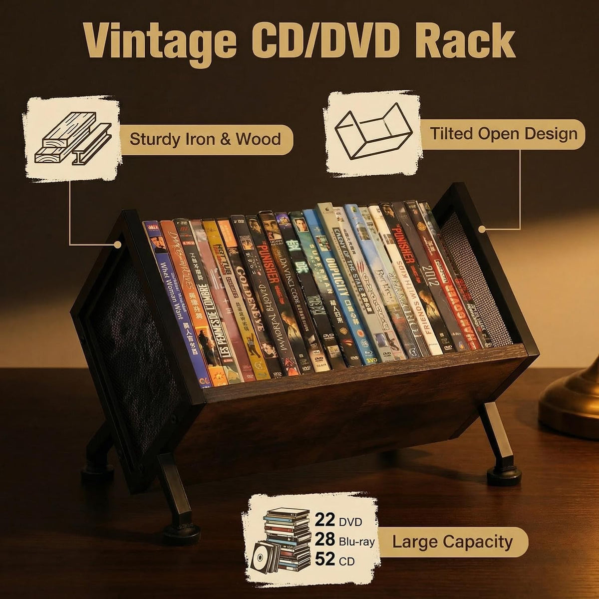 Salajory DVD storage rack wood and iron materials blend durability with style