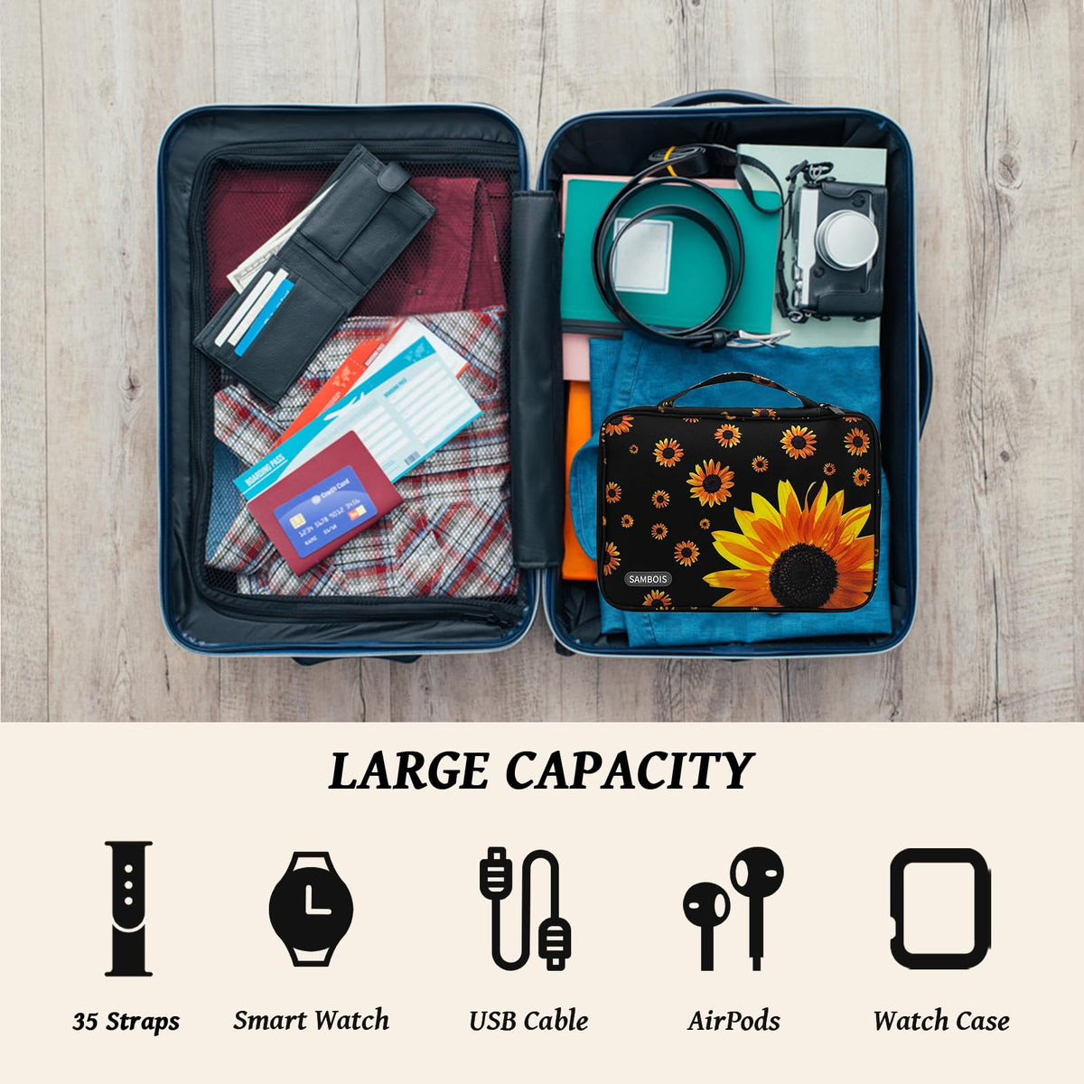 Sambois organizer can be hung or placed on a shelf for accessibility.