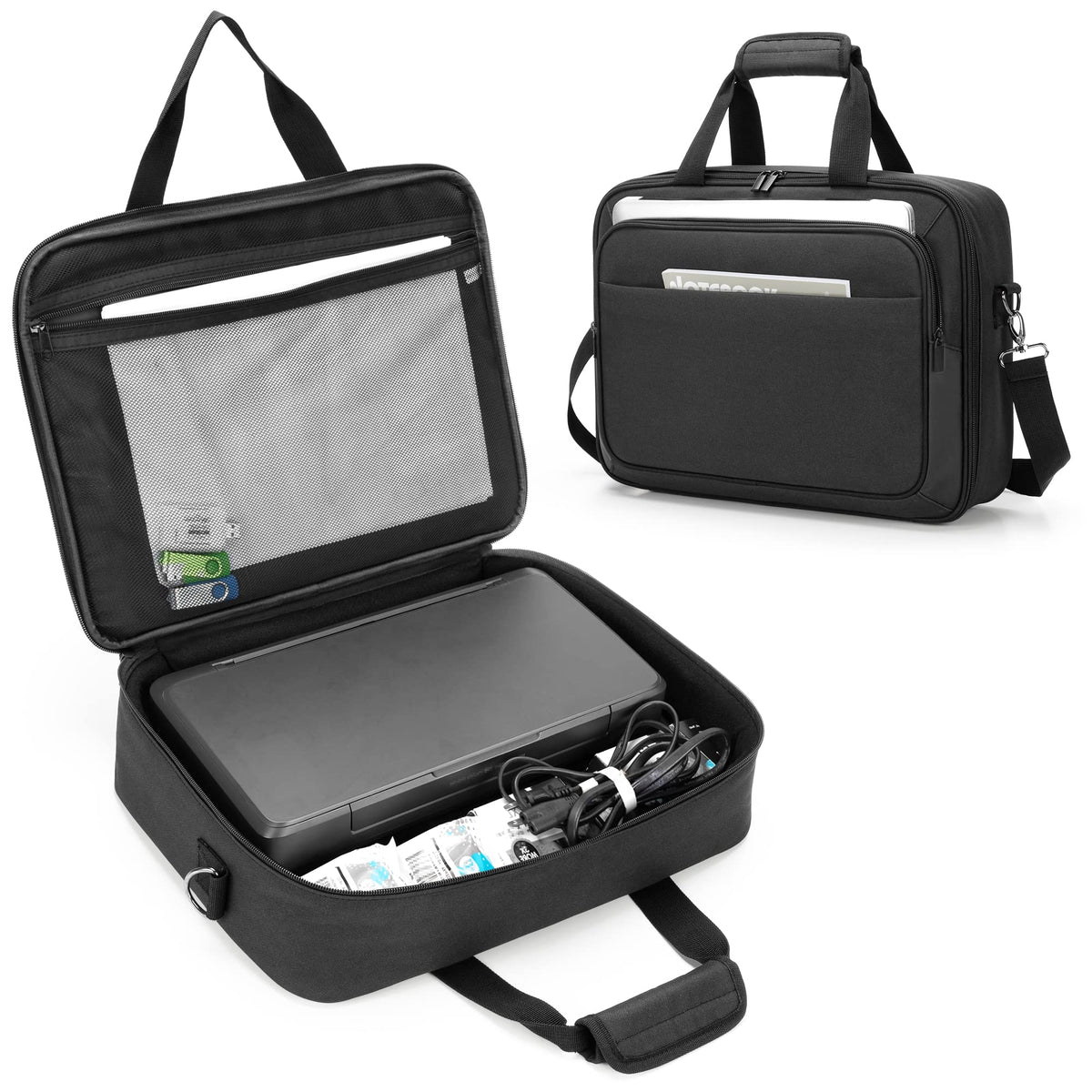 samdew front view of printer case showing zippered pockets and structured protection for travel
