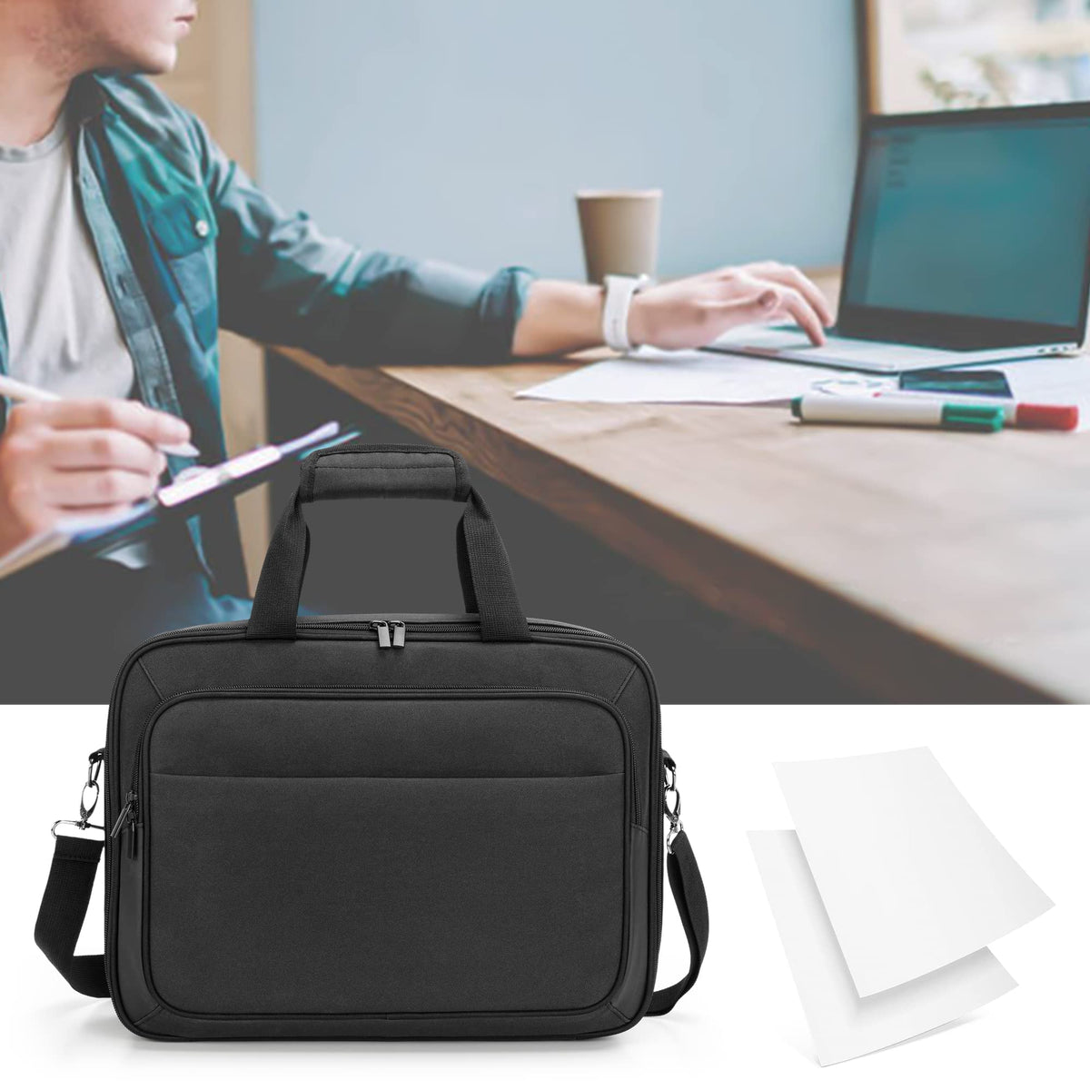 samdew case beside a compact printer illustrating size fit and easy portability