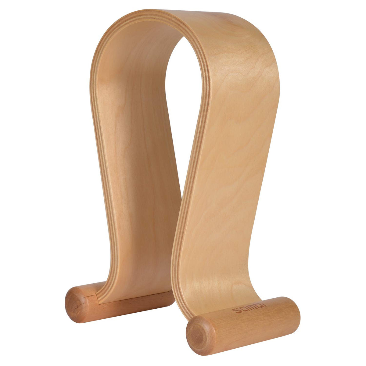 SAMDI Birch wood headphone stand front view shows stable Omega design for tidy desks.