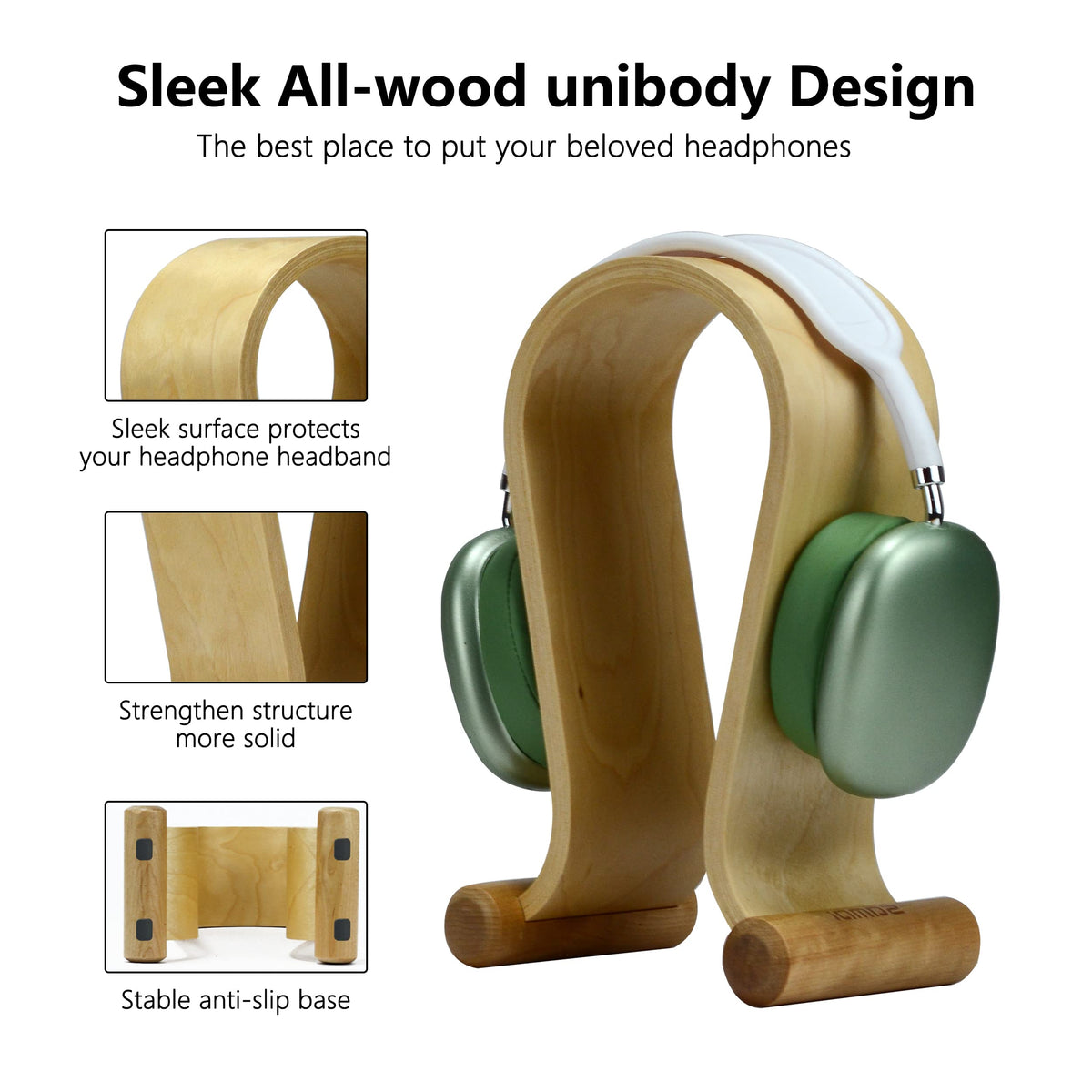 SAMDI Birch wood headphone stand close-up reveals curved resting surface protecting headband.