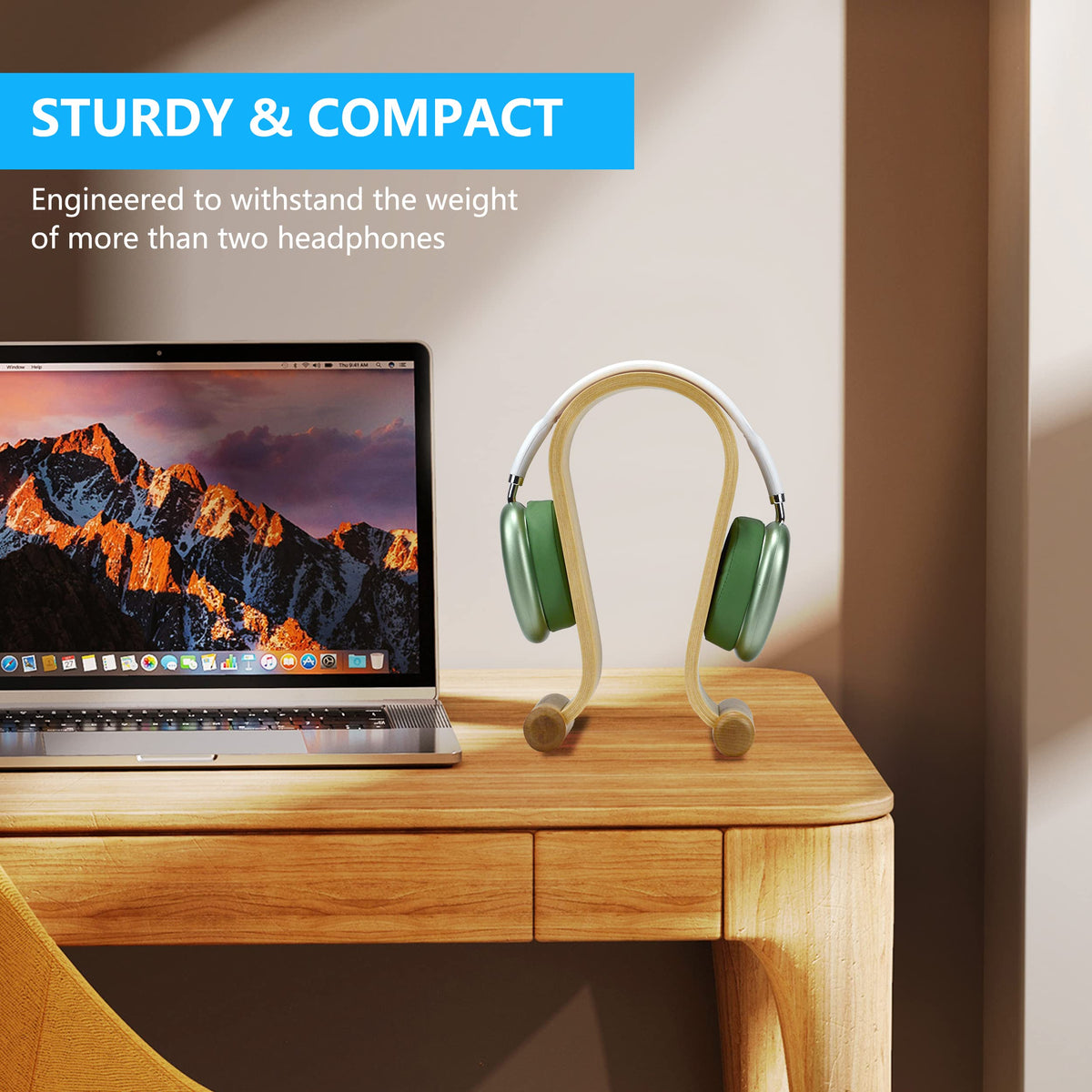 SAMDI Birch wood headphone stand side view highlights one-piece construction for secure headset support.