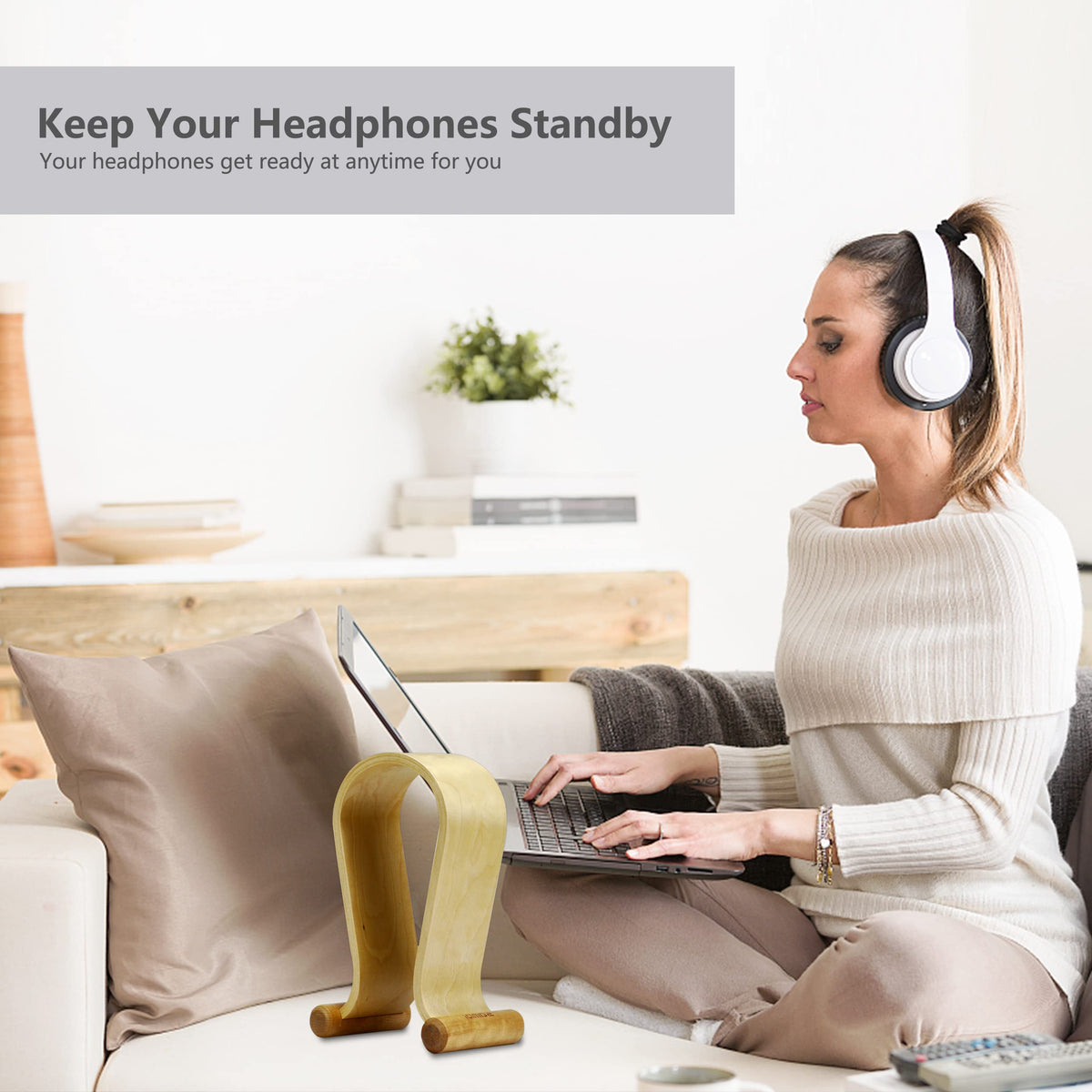 SAMDI Birch wood headphone stand near TV cabinet adds elegant storage.