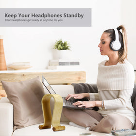 SAMDI Birch wood headphone stand near TV cabinet adds elegant storage.