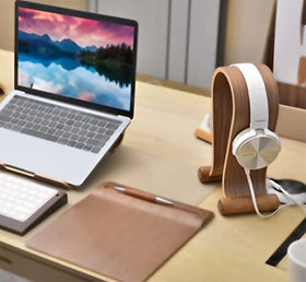 SAMDI walnut stand on studio shelf complementing audio equipment aesthetics