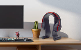 SAMDI oak finish stand enhances natural aesthetics on a workspace.